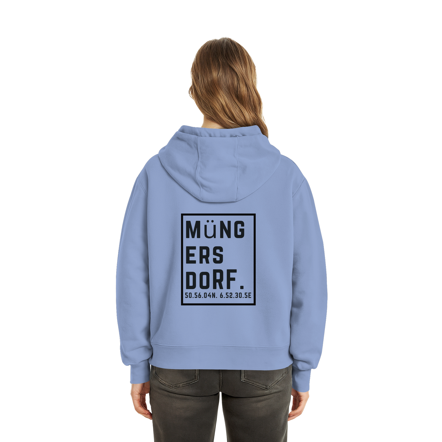 Müngersdorf Koordinaten (großer Druck auf dem Rücken) - Fluffy Boxcut Zipper