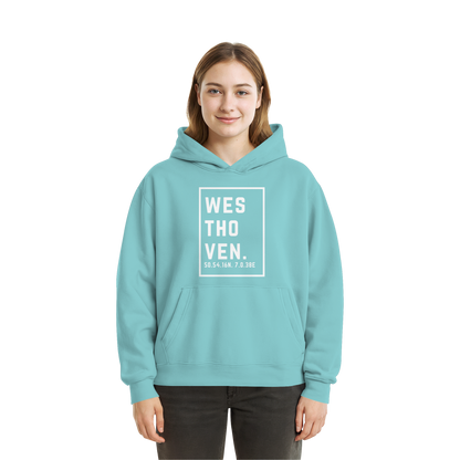 Westhoven Koordinaten (großer Druck auf der Brust) - Fluffy Boxcut Hoodie