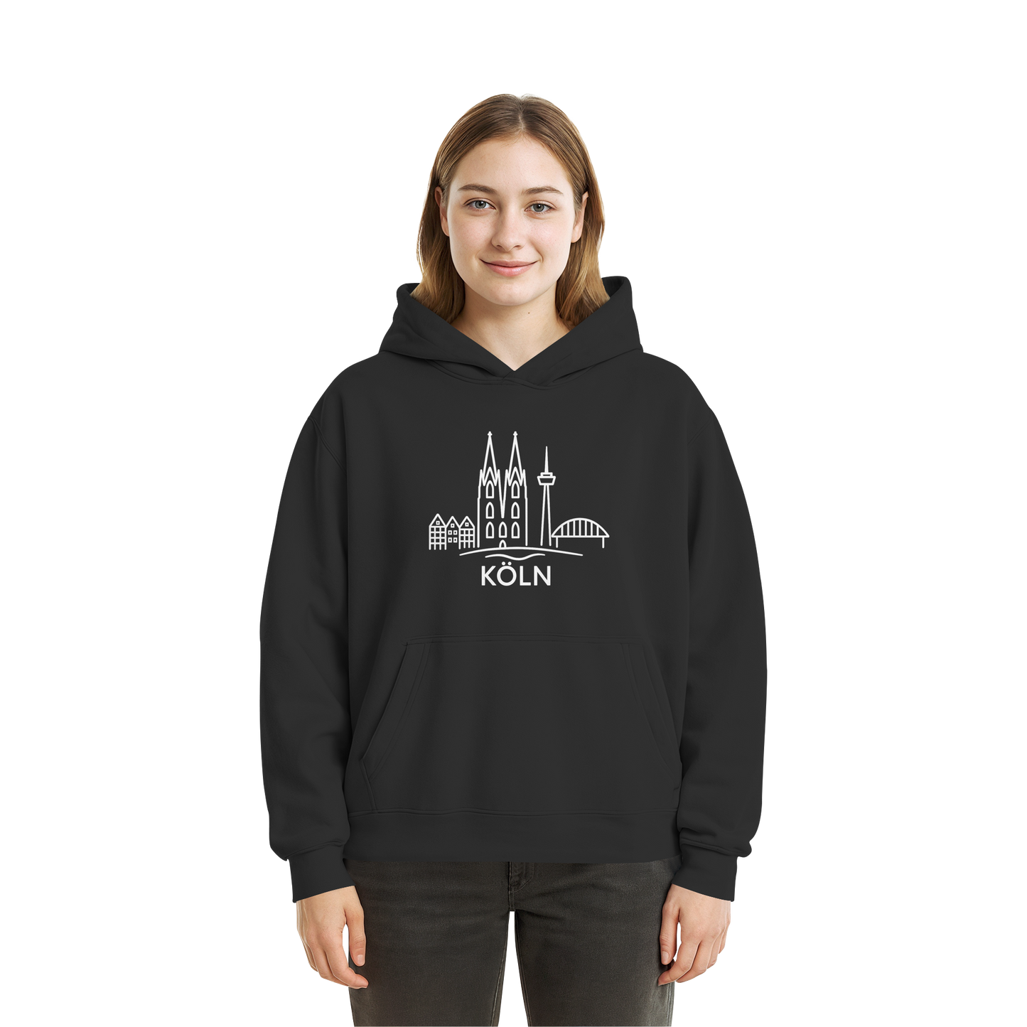 Köln Skyline (großer Druck auf der Brust) - Fluffy Boxcut Hoodie