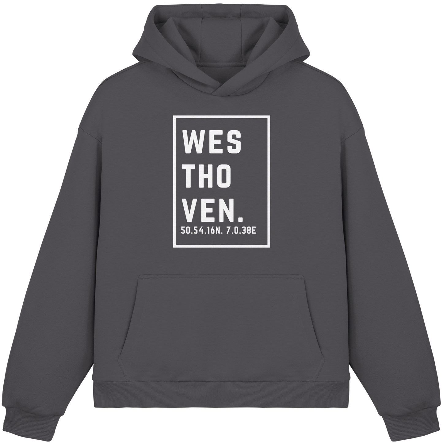 Westhoven Koordinaten (großer Druck auf der Brust) - Fluffy Boxcut Hoodie