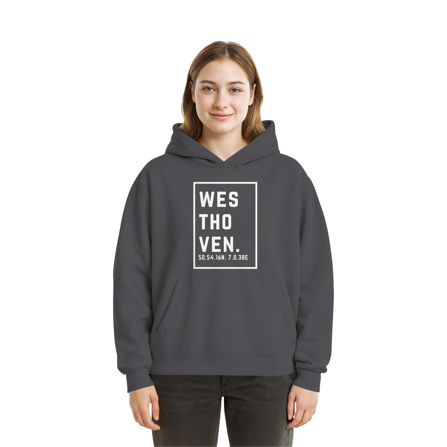 Westhoven Koordinaten (großer Druck auf der Brust) - Fluffy Boxcut Hoodie
