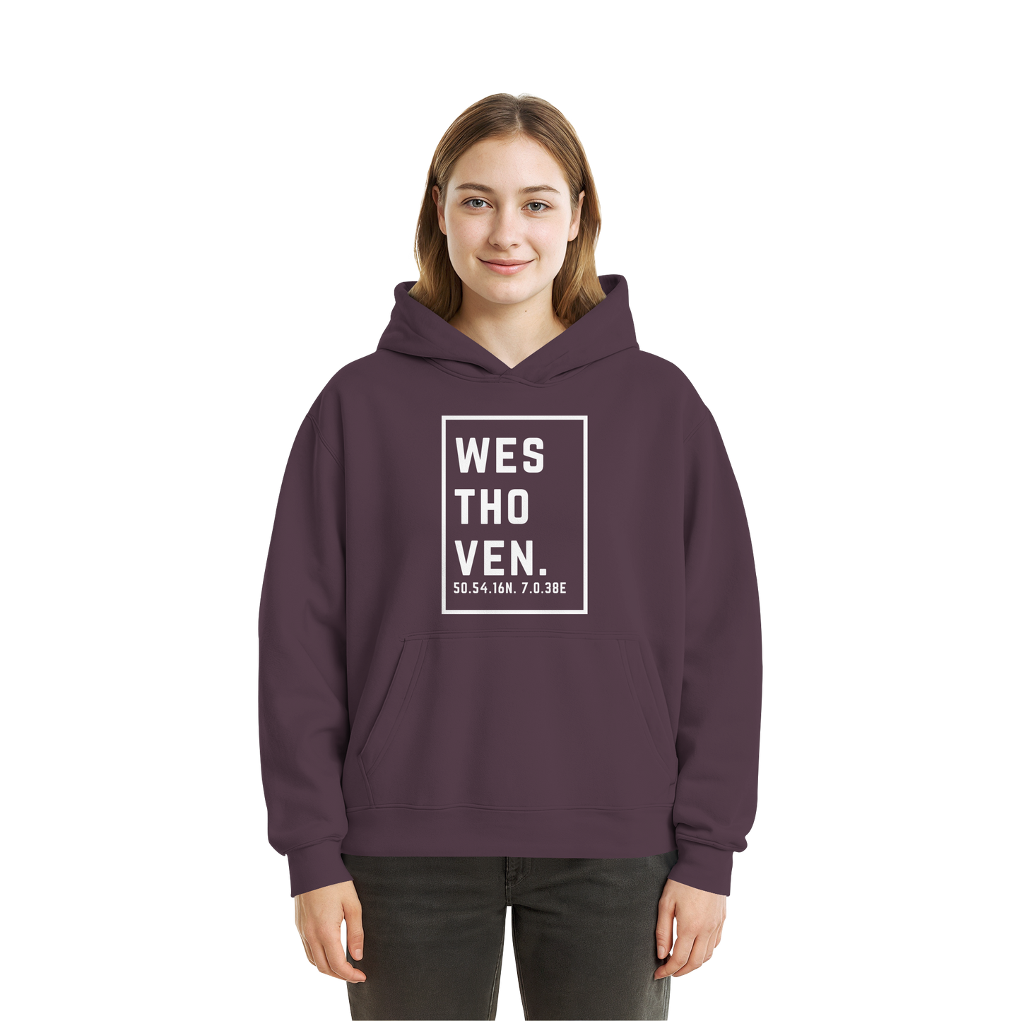 Westhoven Koordinaten (großer Druck auf der Brust) - Fluffy Boxcut Hoodie