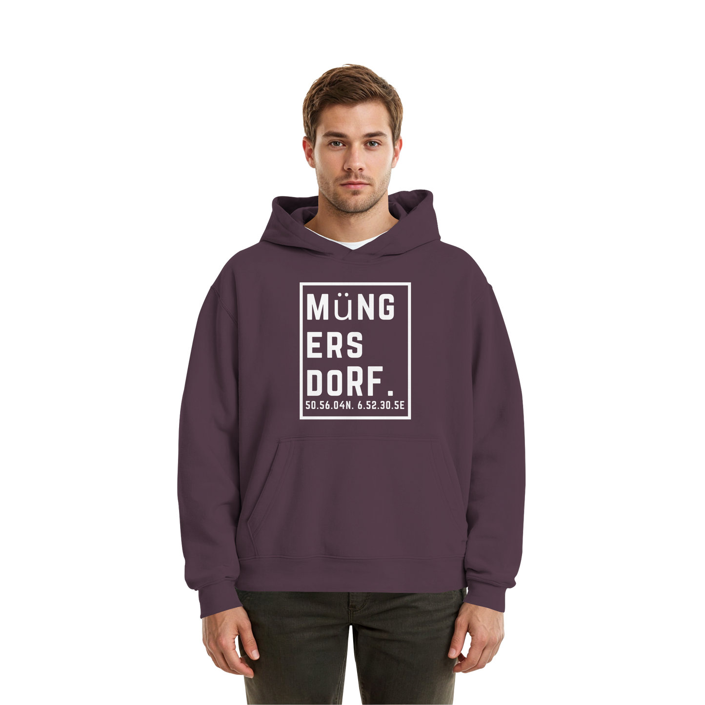 Müngersdorf Koordinaten (großer Druck auf der Brust) - Fluffy Boxcut Hoodie