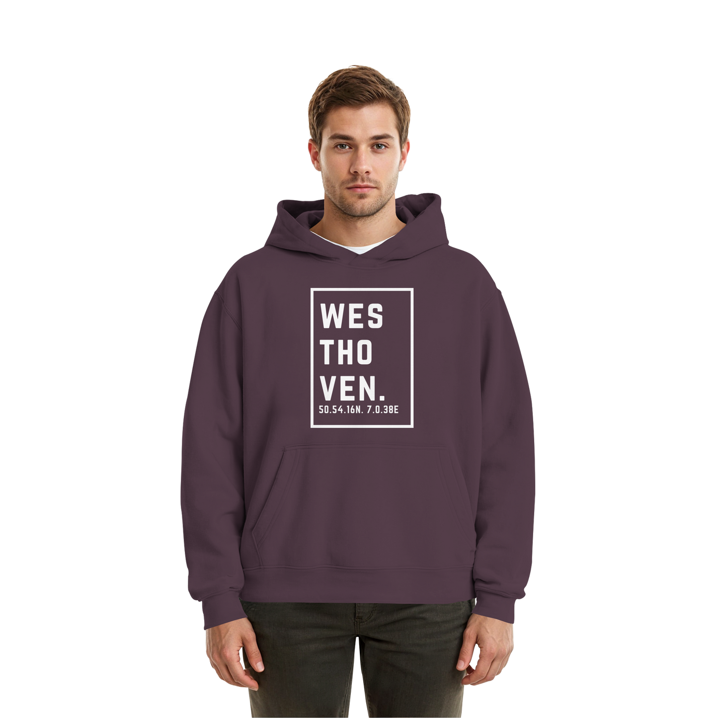 Westhoven Koordinaten (großer Druck auf der Brust) - Fluffy Boxcut Hoodie