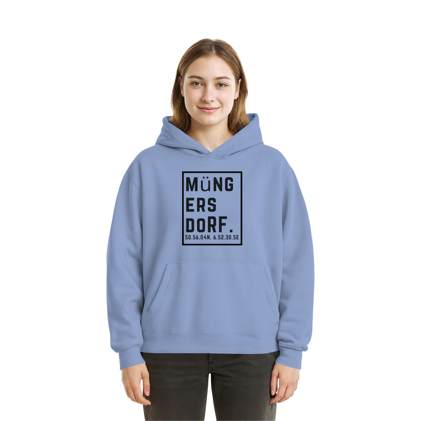 Müngersdorf Koordinaten (großer Druck auf der Brust) - Fluffy Boxcut Hoodie