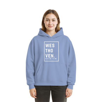 Westhoven Koordinaten (großer Druck auf der Brust) - Fluffy Boxcut Hoodie