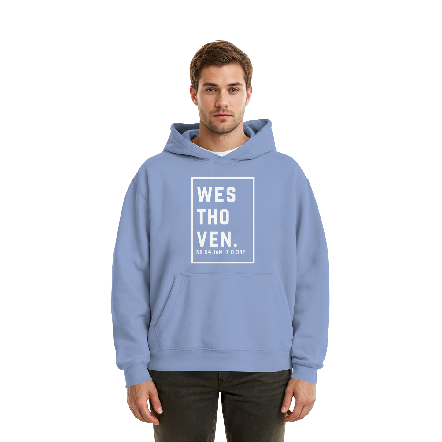 Westhoven Koordinaten (großer Druck auf der Brust) - Fluffy Boxcut Hoodie