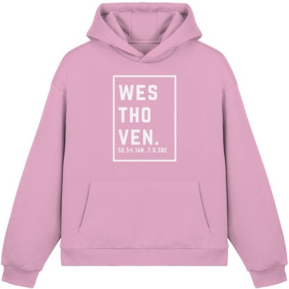 Westhoven Koordinaten (großer Druck auf der Brust) - Fluffy Boxcut Hoodie