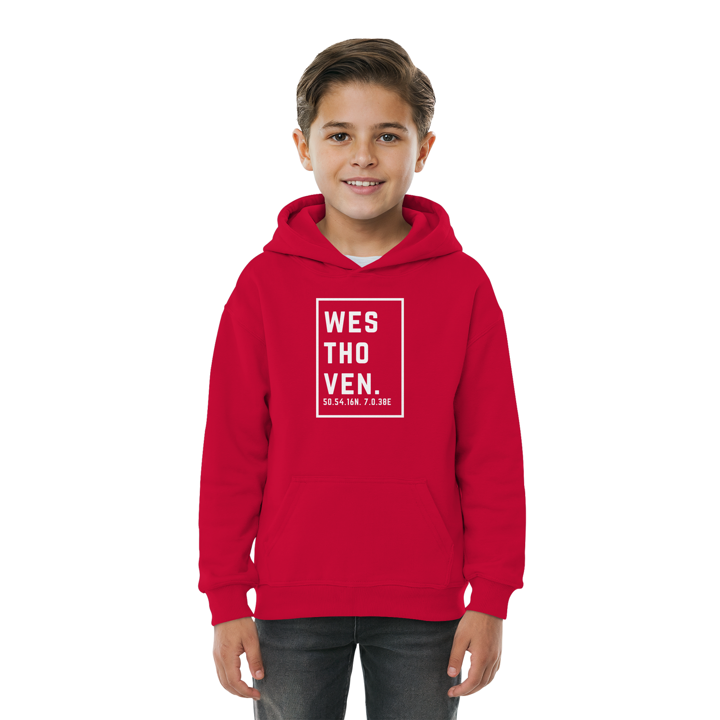 Westhoven Koordinaten (großer Druck auf der Brust) - Kids Basic Hoodie