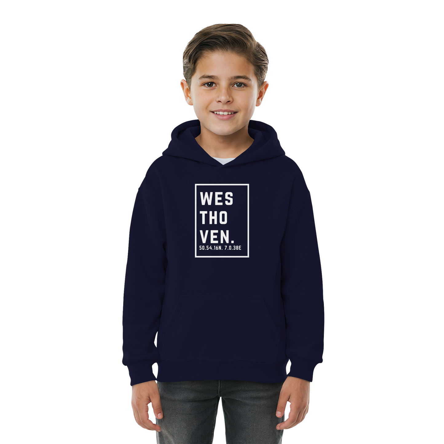 Westhoven Koordinaten (großer Druck auf der Brust) - Kids Basic Hoodie