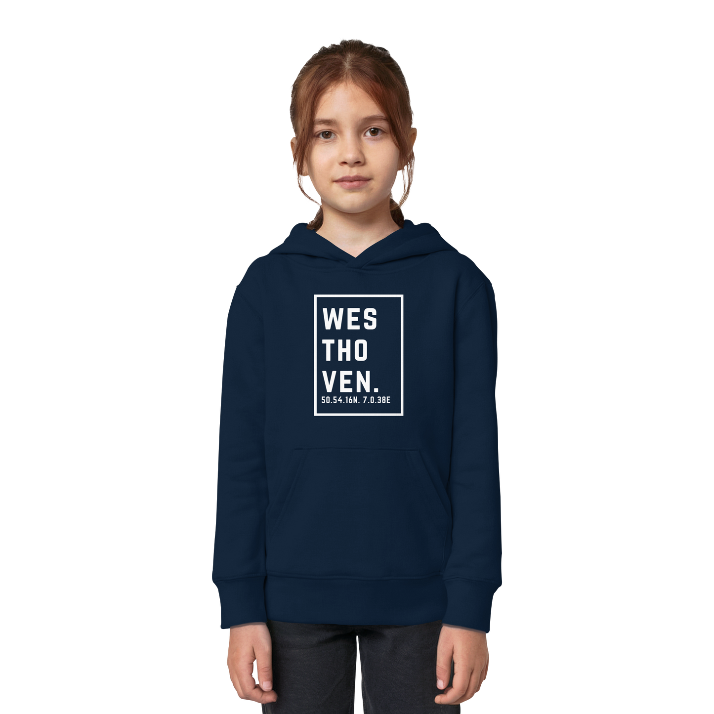 Westhoven Koordinaten (großer Druck auf der Brust) - Kids Organic Hoodie