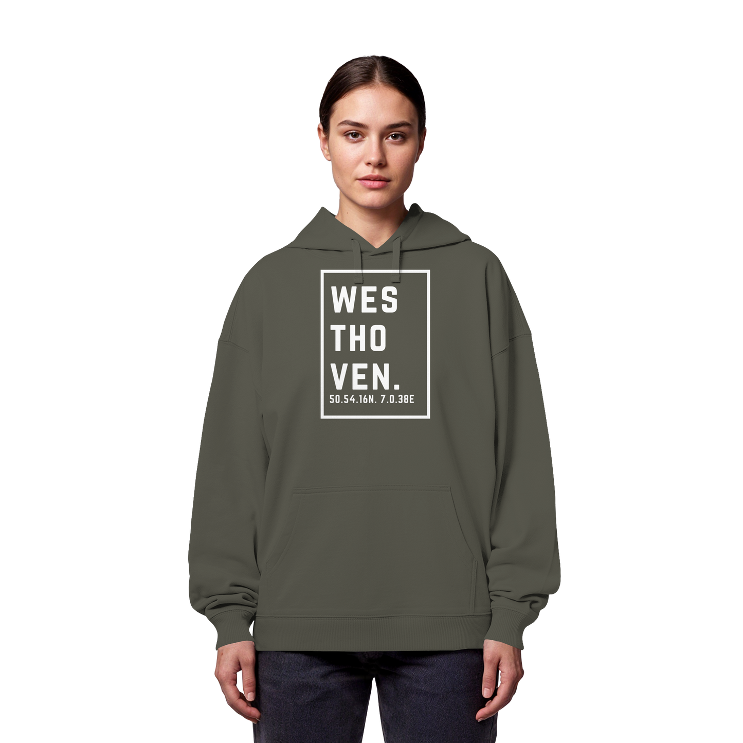 Westhoven Koordinaten (großer Druck auf der Brust) - Organic Oversize Hoodie