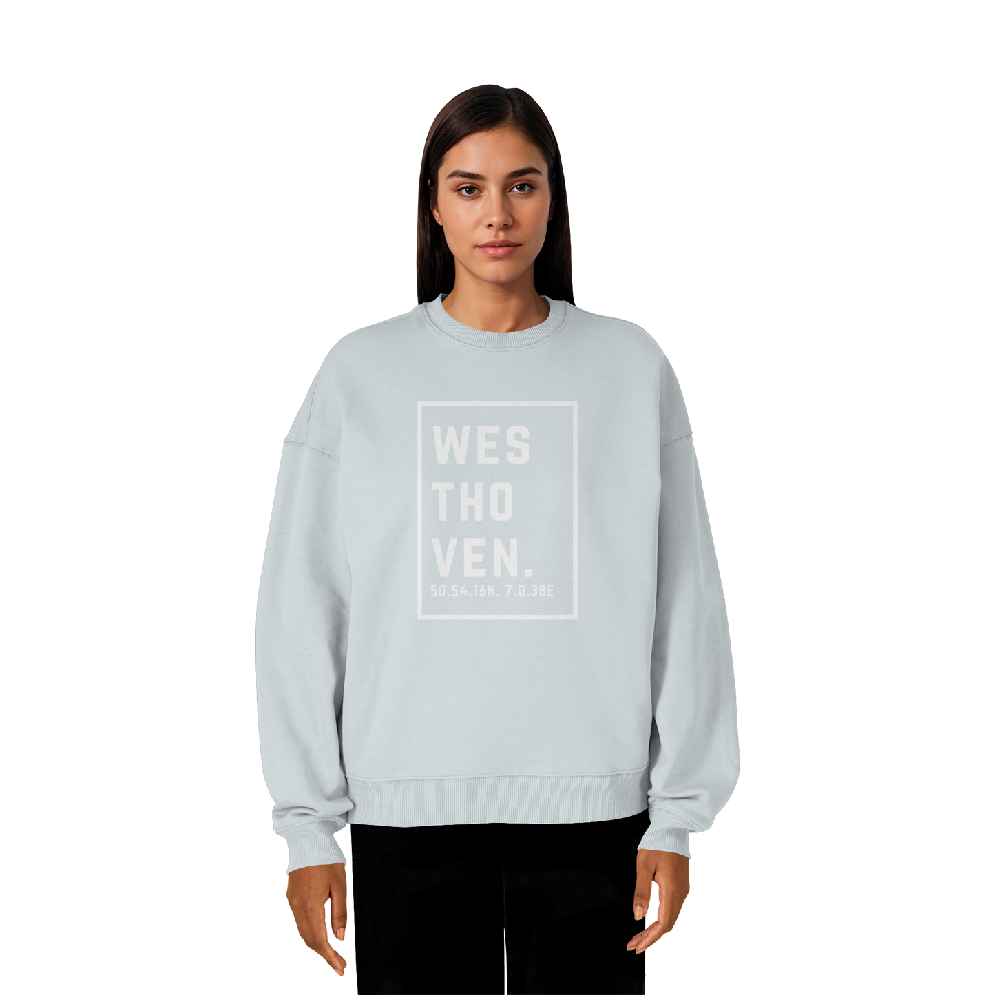 Westhoven Koordinaten (großer Druck auf der Brust) - Organic Oversize Sweatshirt