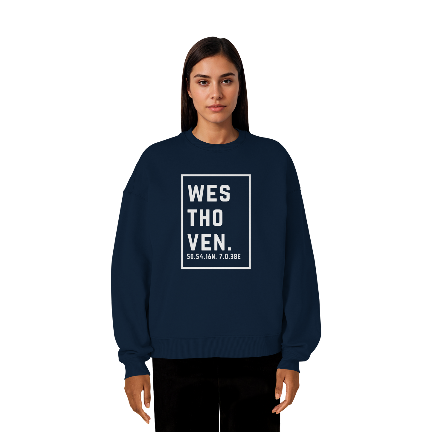 Westhoven Koordinaten (großer Druck auf der Brust) - Organic Oversize Sweatshirt