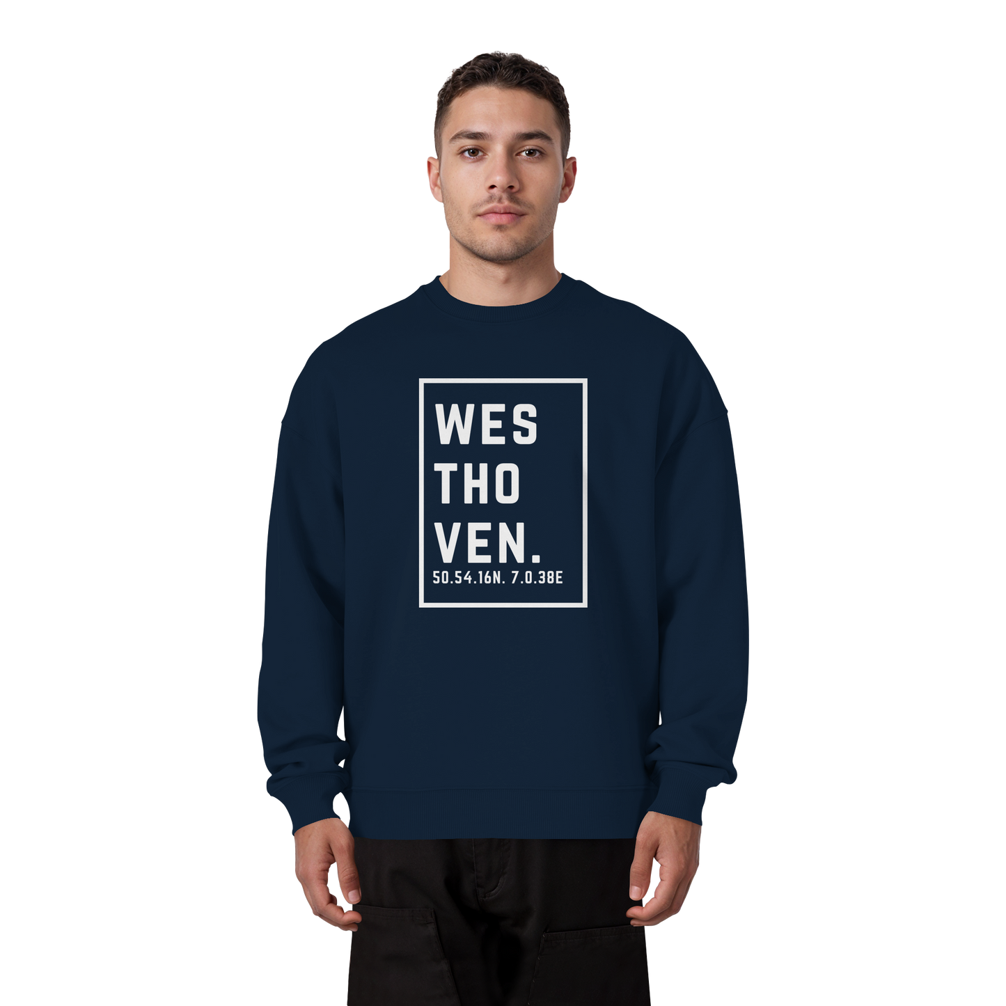 Westhoven Koordinaten (großer Druck auf der Brust) - Organic Oversize Sweatshirt