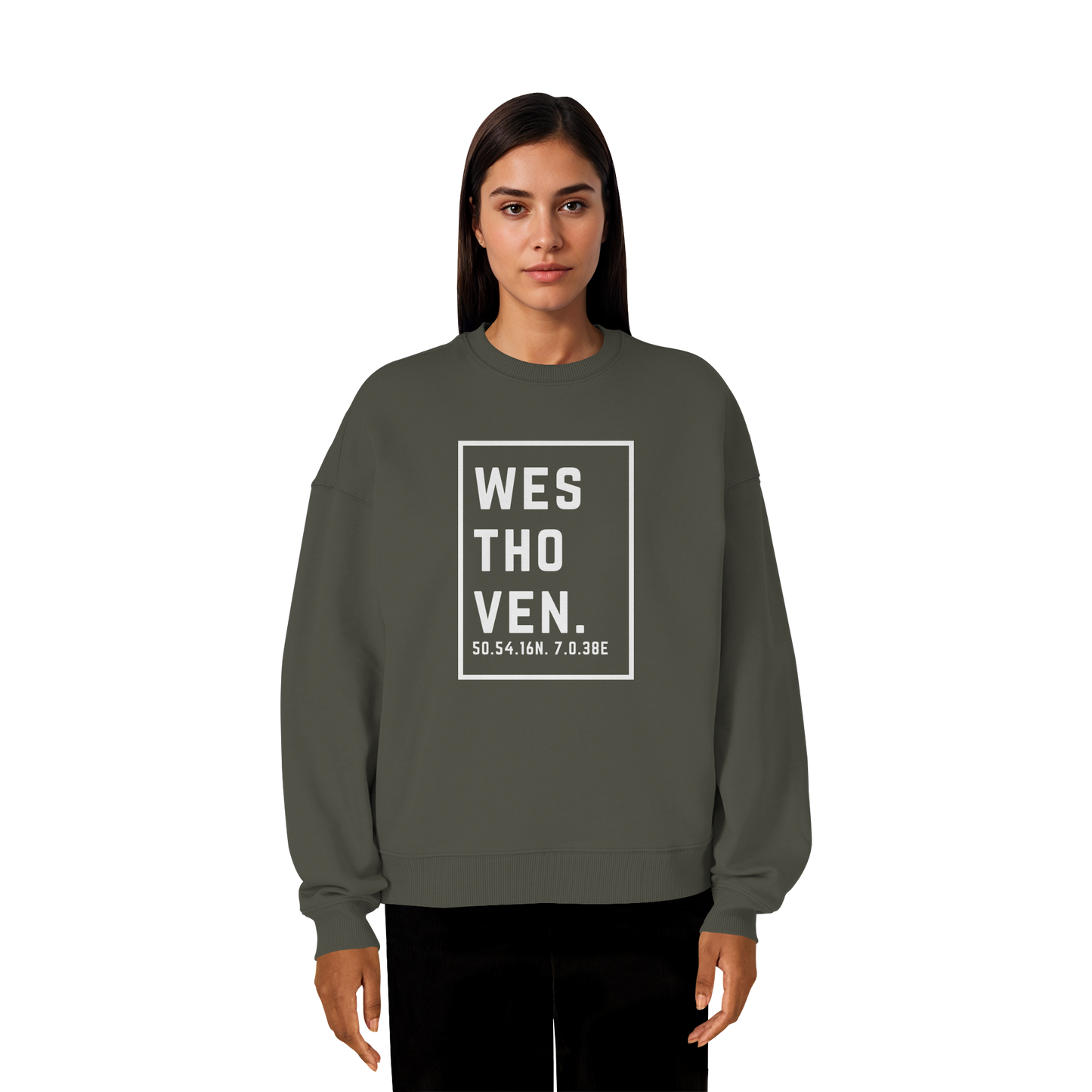 Westhoven Koordinaten (großer Druck auf der Brust) - Organic Oversize Sweatshirt