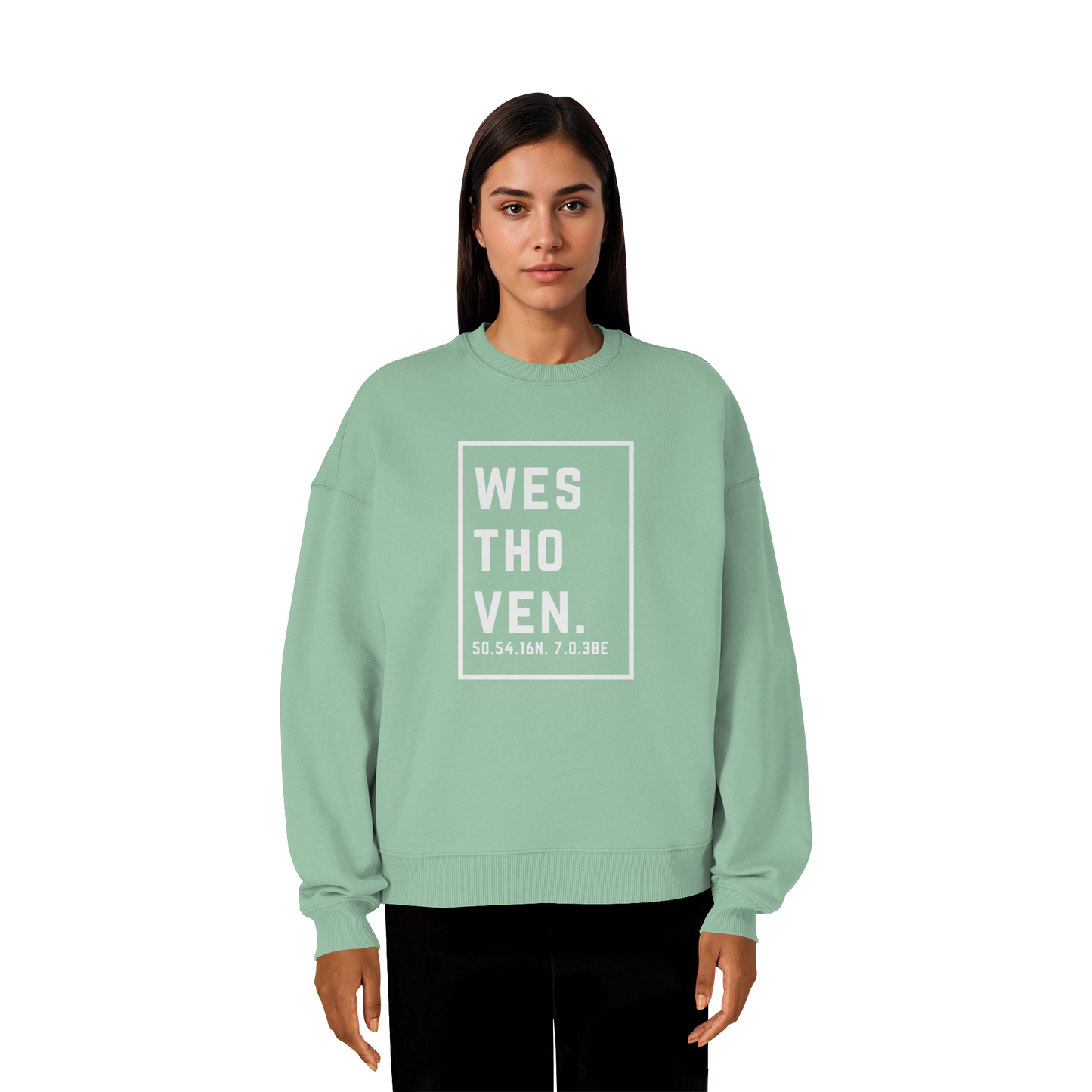 Westhoven Koordinaten (großer Druck auf der Brust) - Organic Oversize Sweatshirt